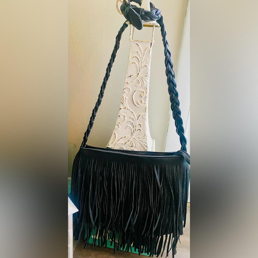 Black Fringe Faux Leather Shoulder Bag